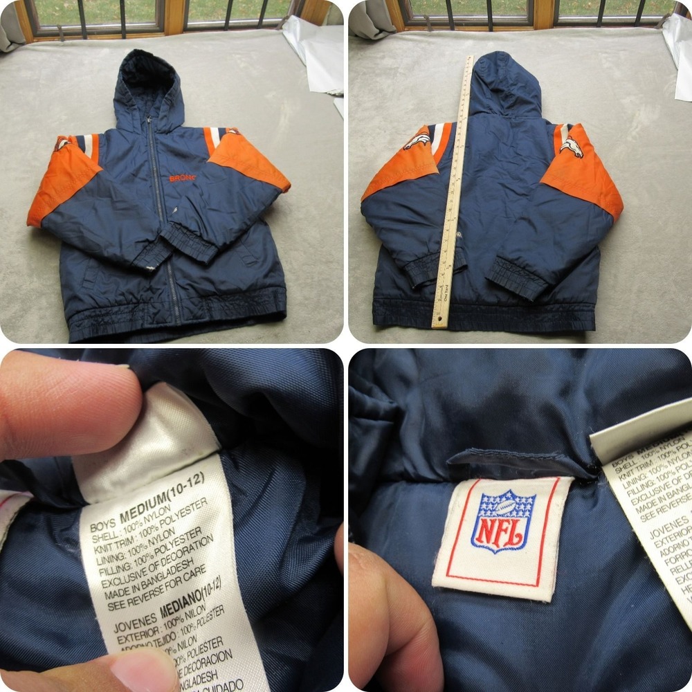 Denver Broncos Jacket Boys Medium 10-12 NFL Blue‎ Insulated Hooded Full Zip READ